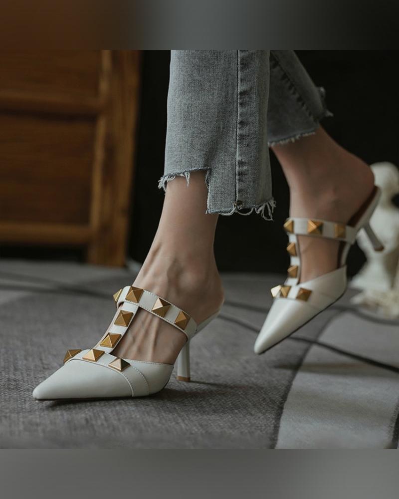 

Solid Studded Pointed-toe High Heel Sandals, White