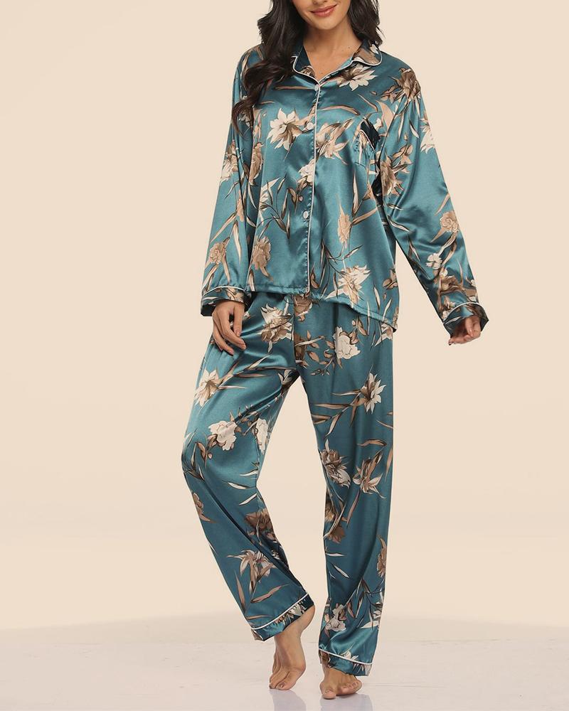 

Floral / Tropical / Star Print Satin Pajamas Set, Green