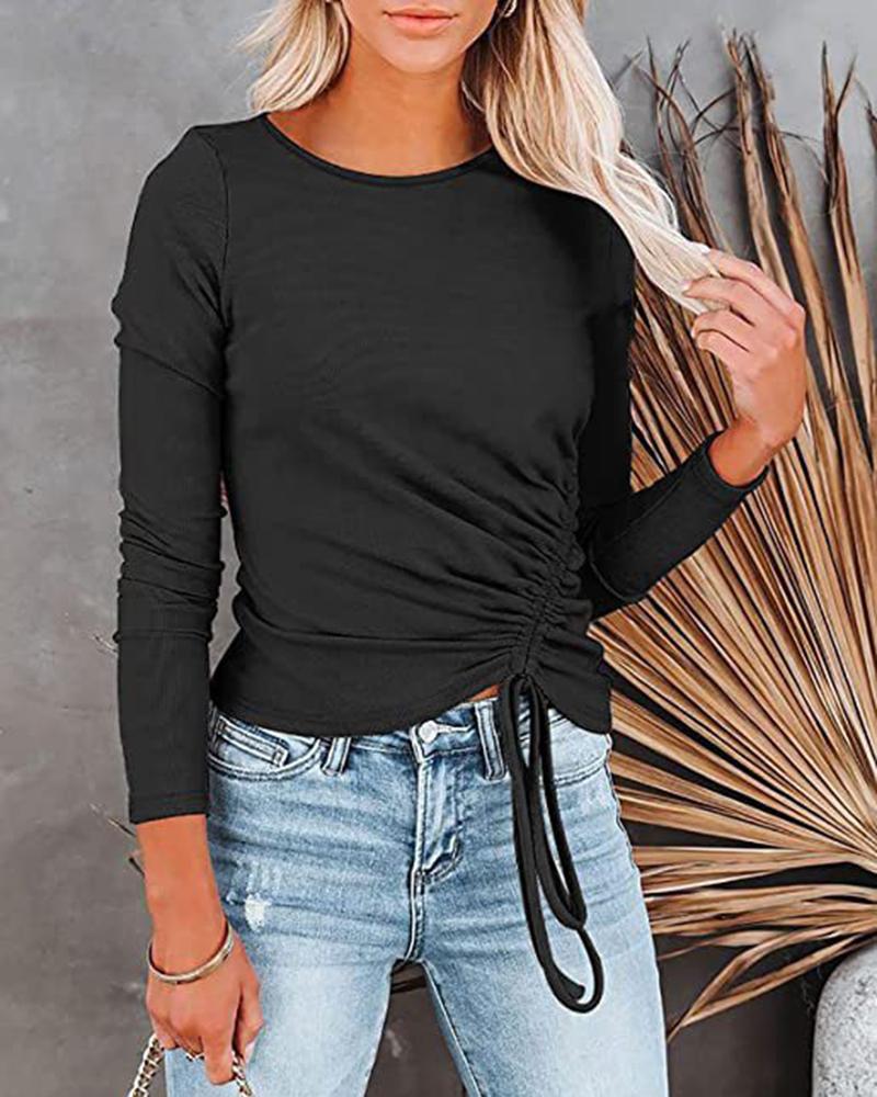 

Drawstring Round Neck Long Sleeve Top, Black