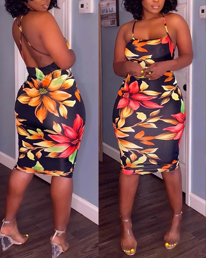 

Floral Print Crisscross Backless Bodycon Dress, Multicolor