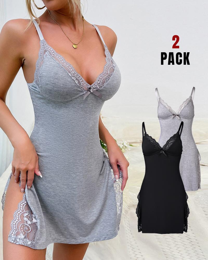 

2-Pack Lace Trim Side Slit Bowknot Decor Modal Cami Sleep Dress, Style1