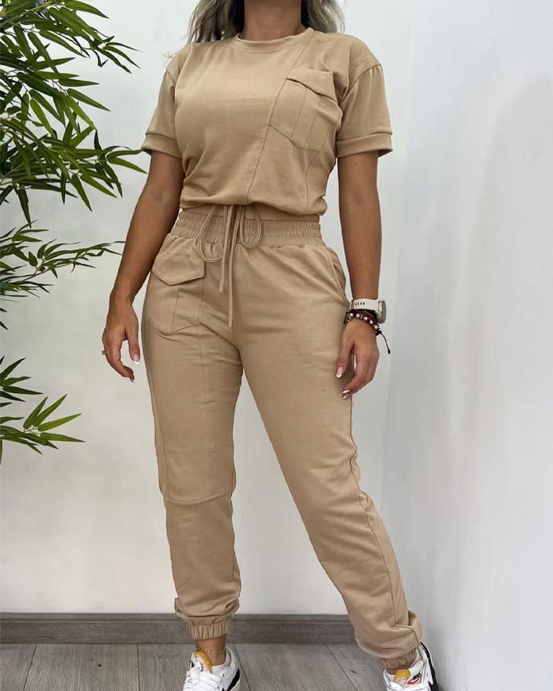 

Conjunto de 2 peças de roupas com decote redondo e bolso, manga curta, blusa e calças casuais com cordão elástico na cintura, Khaki