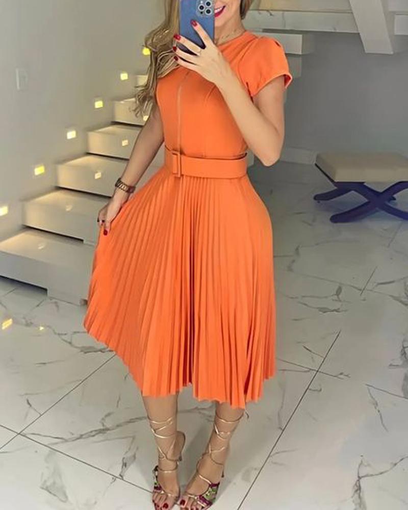 

Puff Sleeve Pleated Work Dress With Belt, Orange