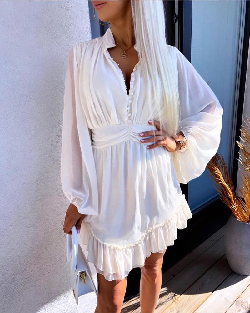 

Lantern Sleeve Buttoned Chiffon Dress, White