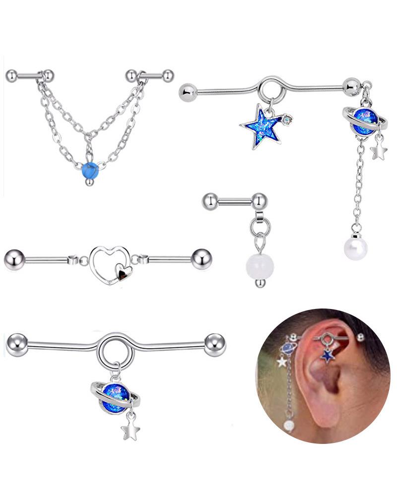 

5PCS/Set Star Galaxy Heart Tassel Ear Cuff Earrings, Silver