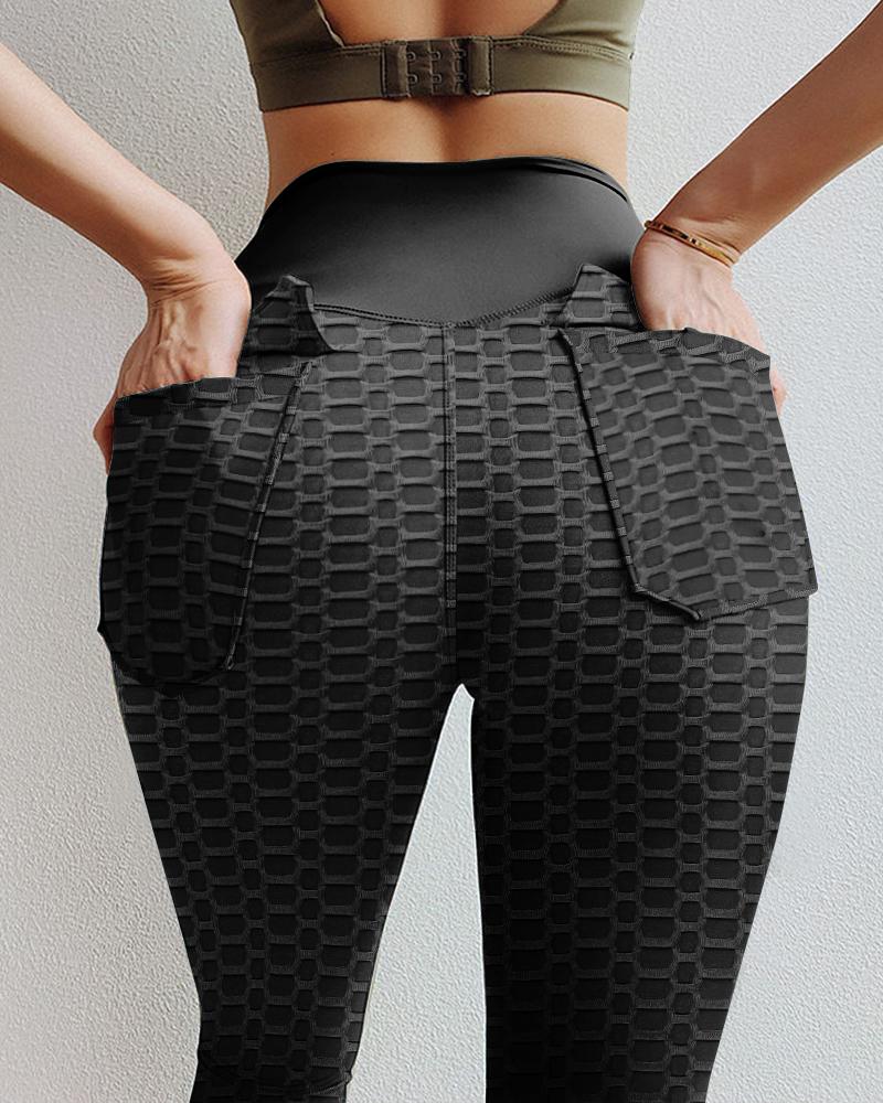 

Letter Pattern Print Bubble Textured Butt Lifting Yoga Pants, Black