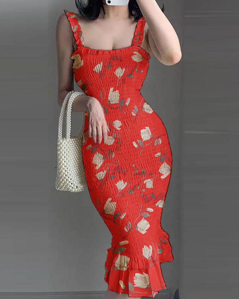 

Floral Printed Cami Ruffle Ham Bodycon Dress, Red