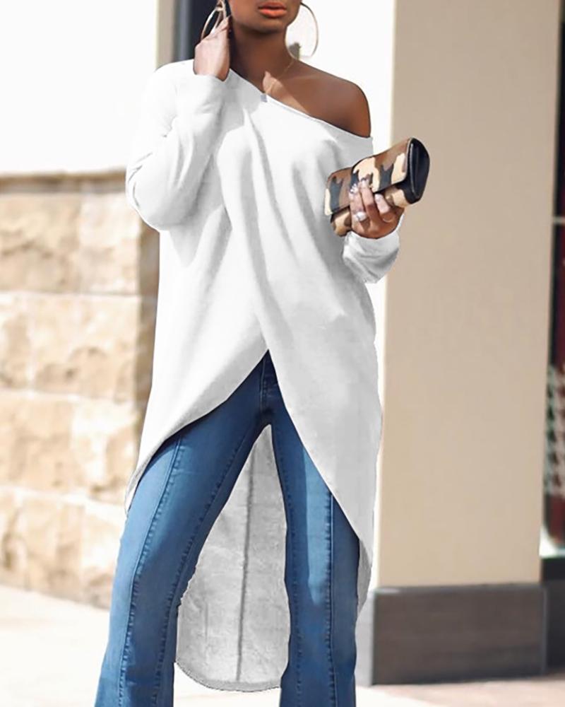 

Long Sleeve Asymmetrical Hem Top, White
