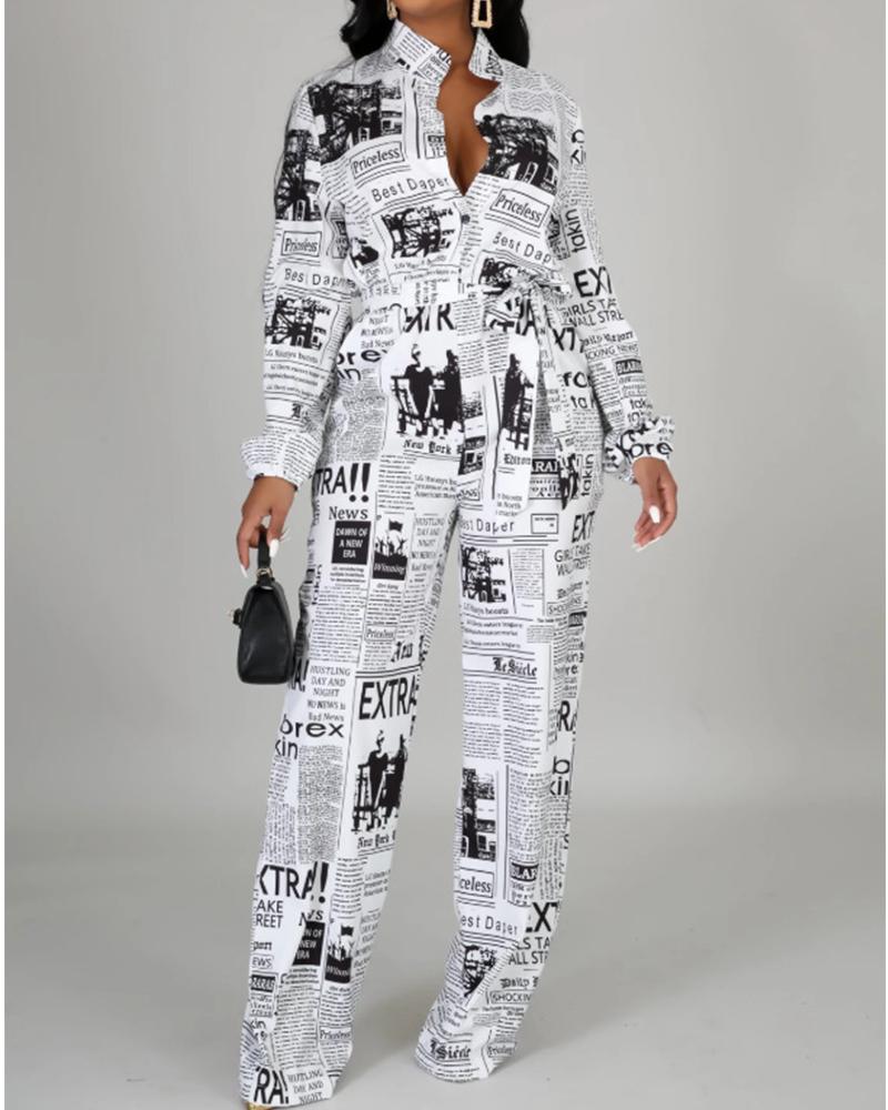 

All Over Newspaper Print Button Front Belted Jumpsuit, Black&white