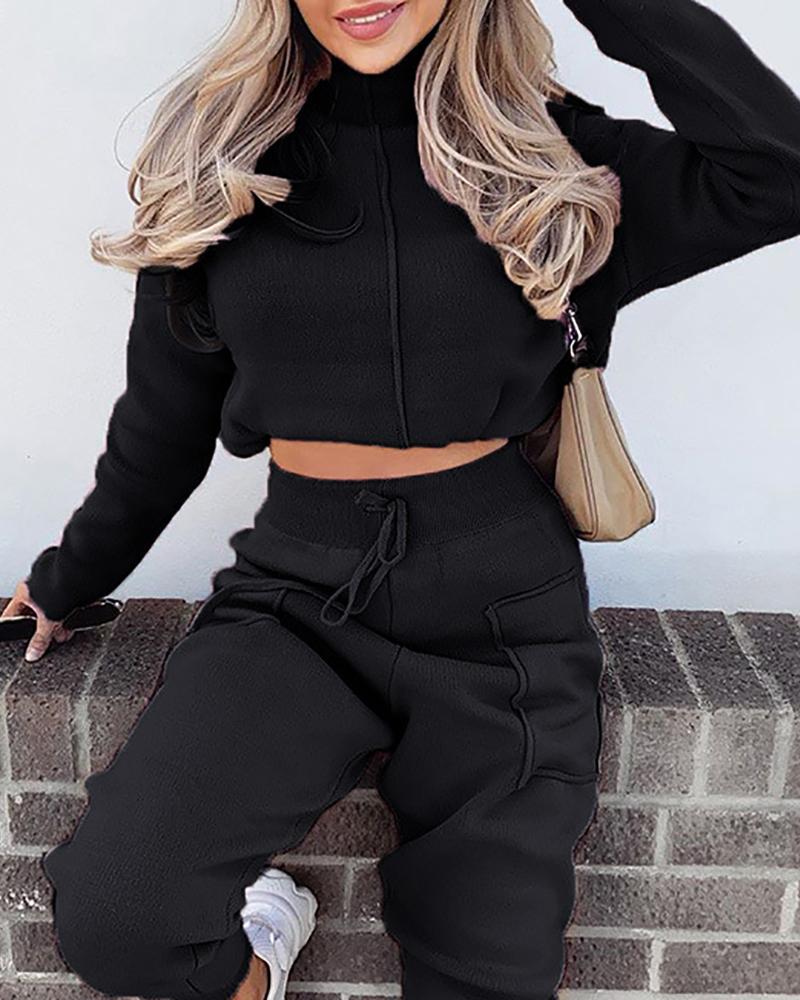 

High Neck Top & Pocket Design Drawstring Pants Set, Black