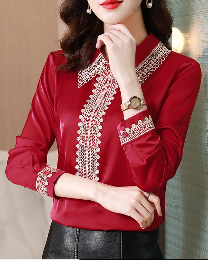 

Guipure Lace Patch Long Sleeve Top, Red