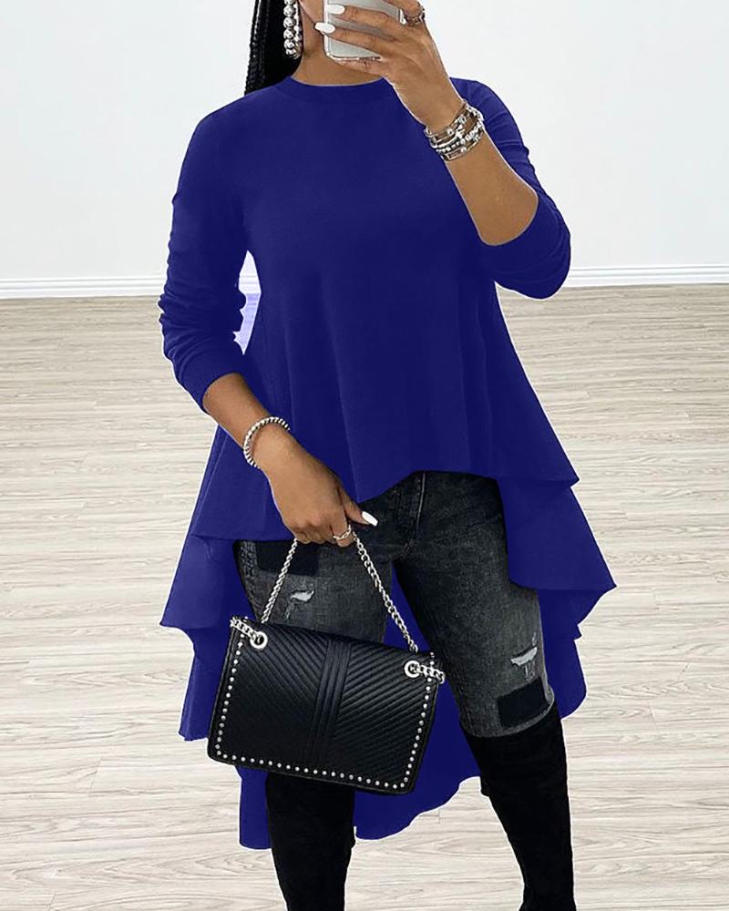 

Solid Ruffles Dip Hem Women Blouse, Blue