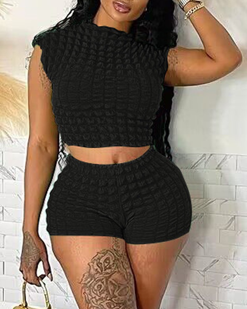 

Textured Cap Sleeve Crop Top & Shorts Set, Black