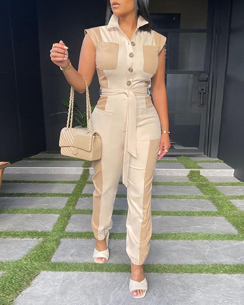 

Colorblock Pocket Button Design Short Sleeve Jumpsuit With Belt, Beige
