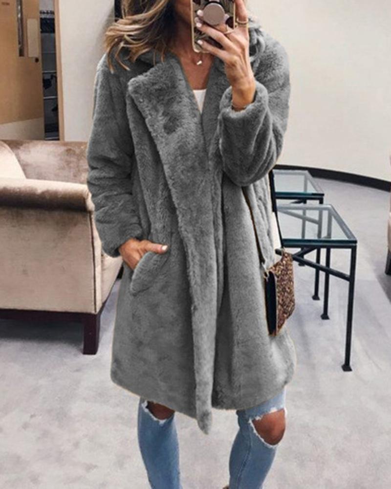 

Faux Fur Pocket Design Long Sleeve Coat, Gray