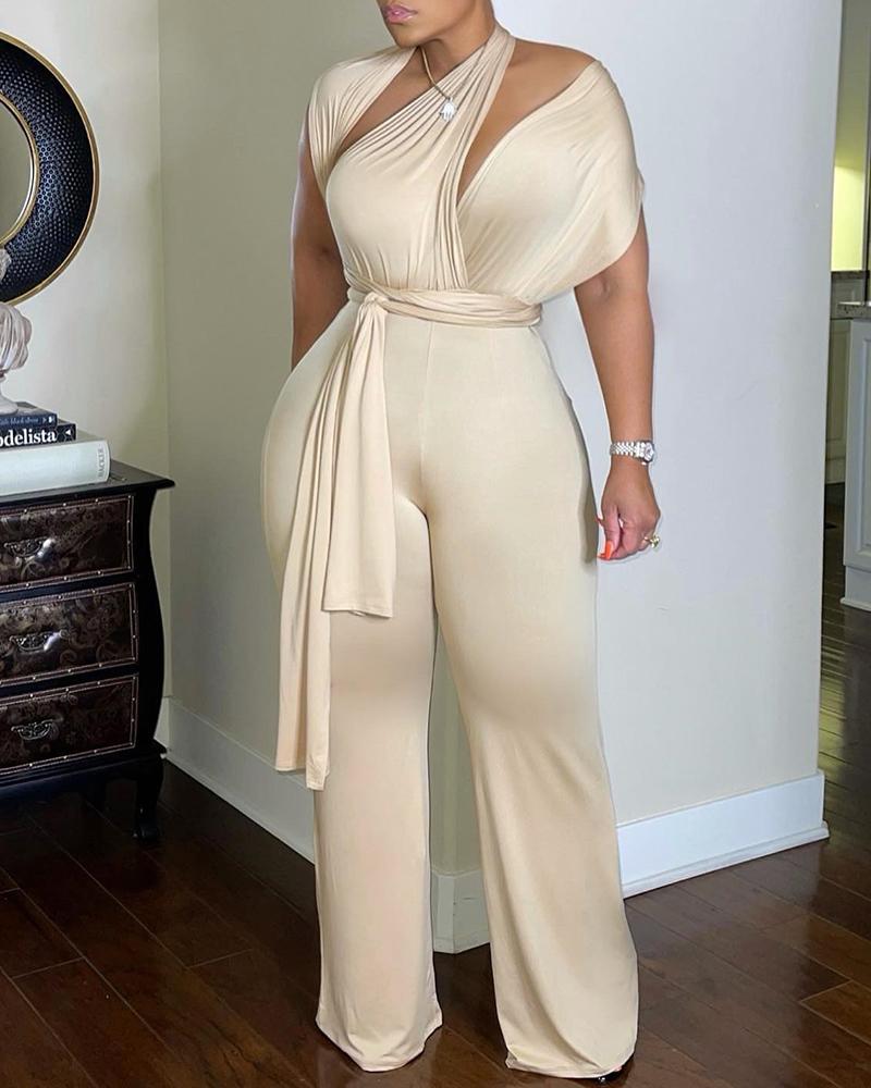 

Plus Size V-Neck Backless Wide Leg Jumpsuit, Beige