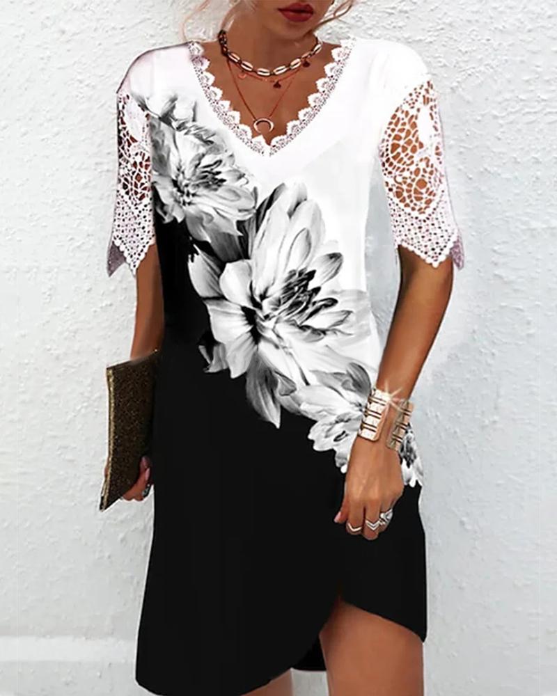 

Floral Print Colorblock Contrast Lace Casual Dress, Black&white
