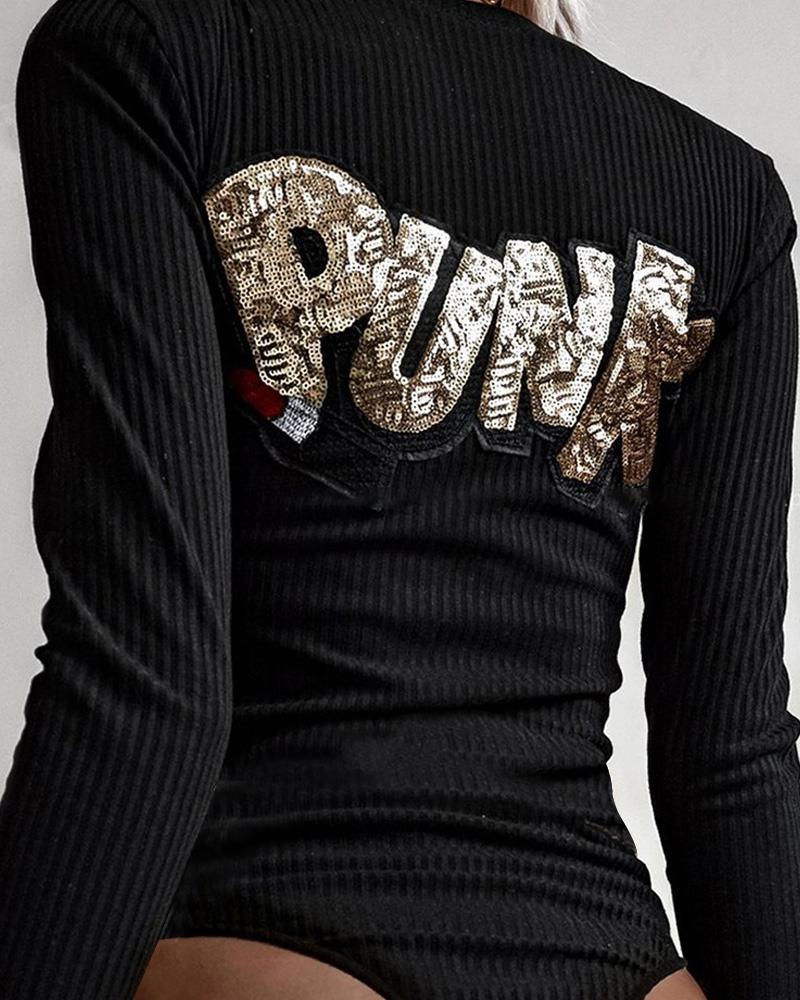 

Letter Pattern Sequins Bodysuit With Belt, Black