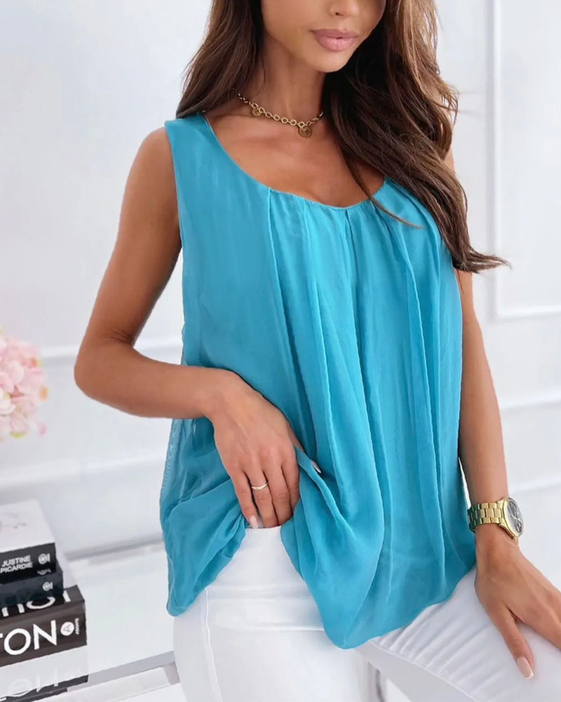 

Sheer Mesh Pleated Design Casual Tank Top, Blue