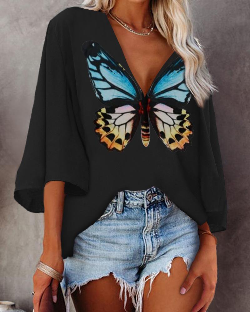 

Butterfly Print Bell Sleeve V-Neck Top, Black