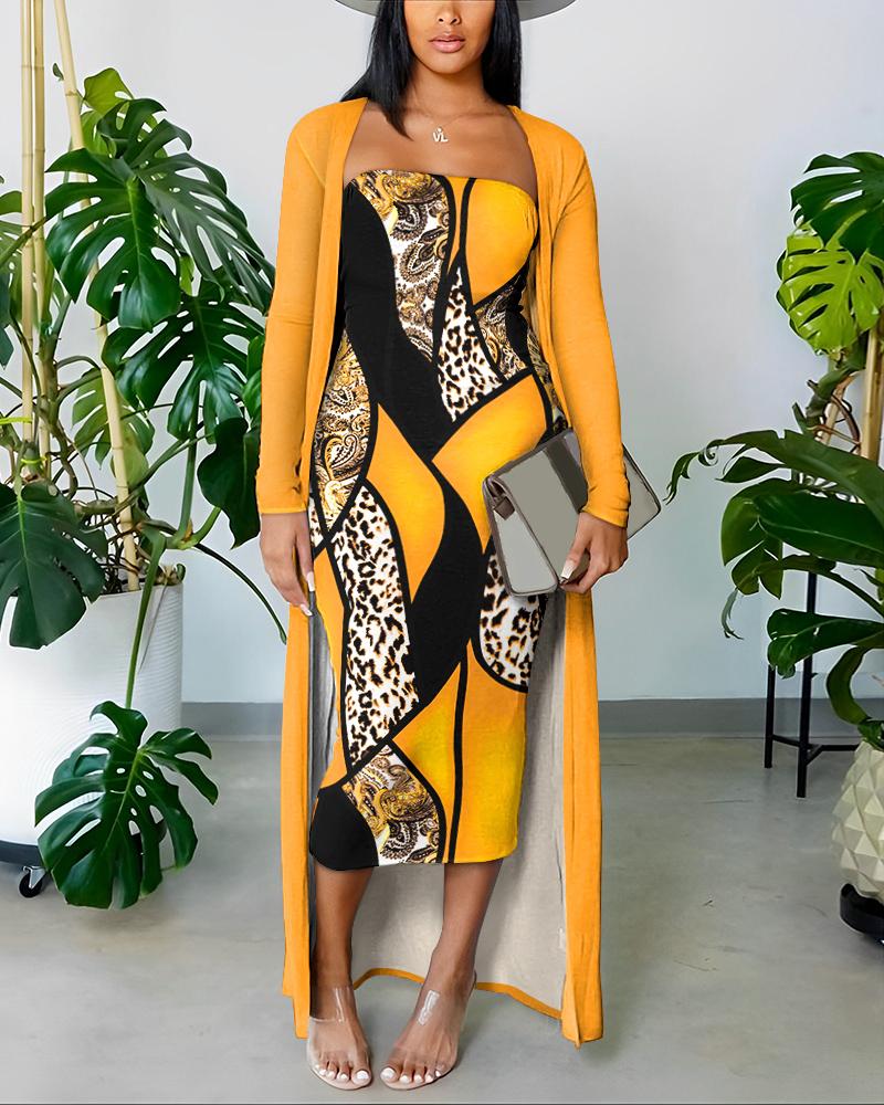 

Abstract Leopard Print Bodycon Dress With Longline Coat, Yellow