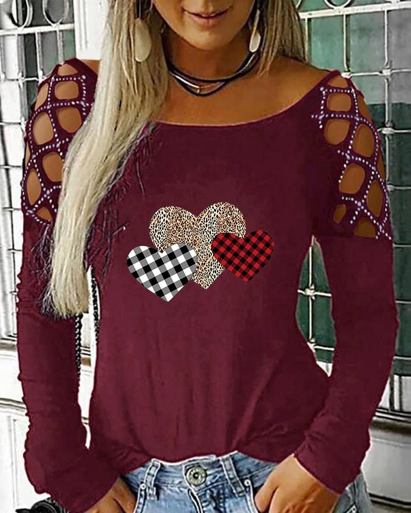 

Rhinestone Hollow-Out Heart Plaid Leopard Print Top, Wine red