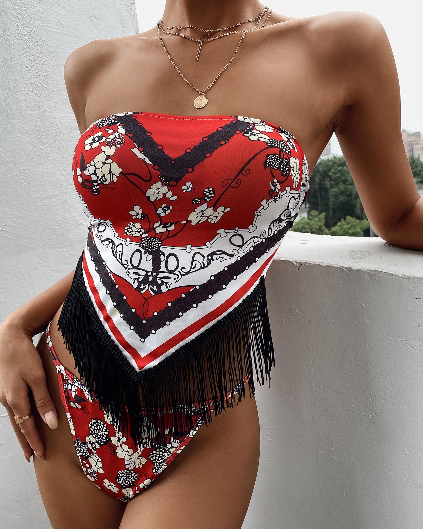 

Tassel Design Scarf Print Bikini Set, Red