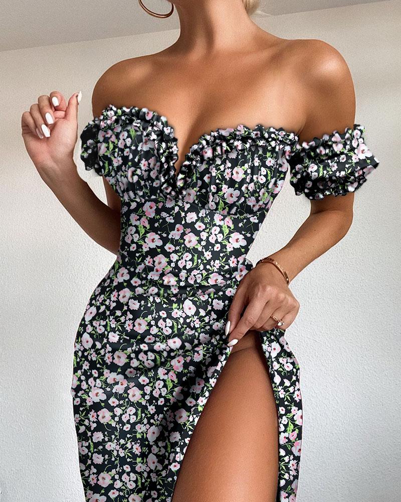 

Off Shoulder High Slit Frill Hem Floral Print Dress, Black
