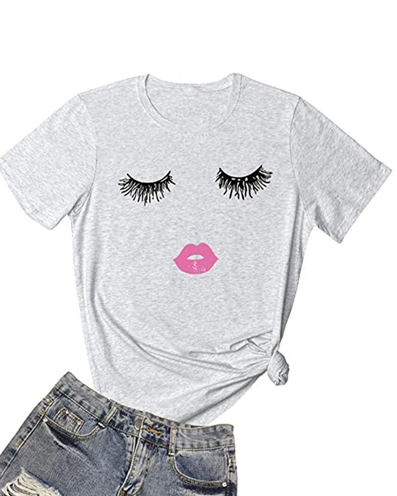 

Lip Eye Print Short Sleeve Casual T-Shirt, Gray