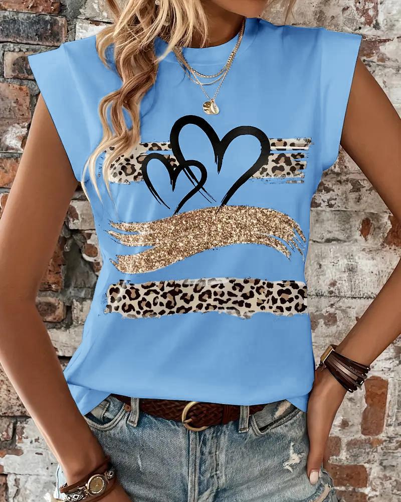 

Camiseta de manga corta con estampado de leopardo y estampado de corazones, informal, holgada, sin mangas, Blue