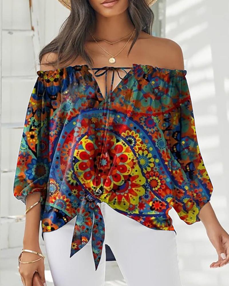 

Off Shoulder Lace-up Floral Print Blouse, Multicolor