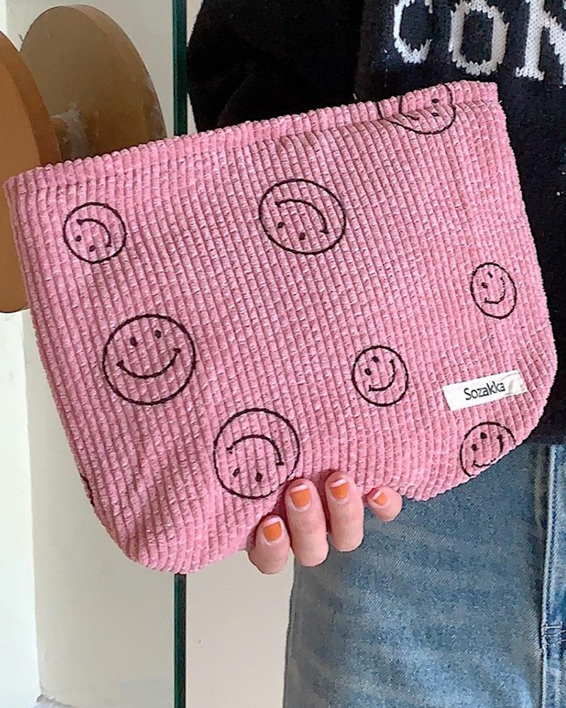 Smiley Face Corduroy Makeup Toiletry Bag Storage Handbag Accessories