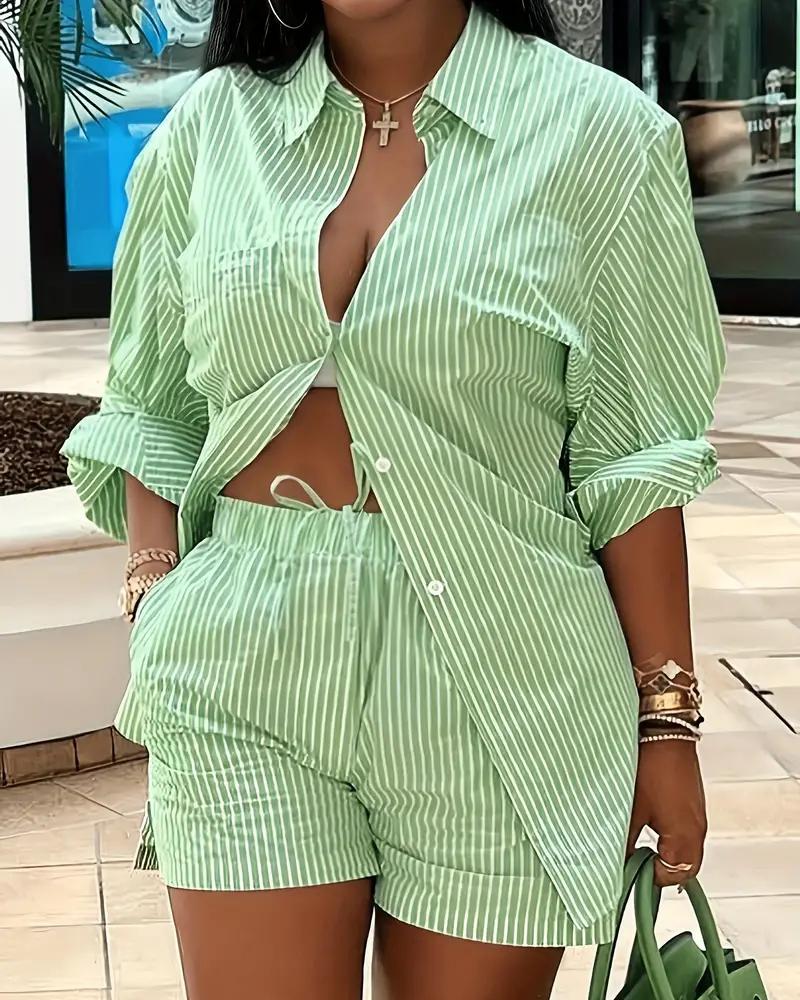 

Striped Buttoned Shirt & Shorts Set, Green