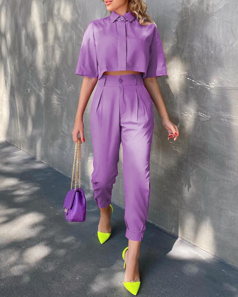 

Half Sleeve Top & Single Button Pants Set, Purple