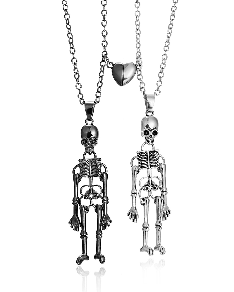 

2pcs Halloween Skeleton Matching Heart Couple Necklaces Set, Style3