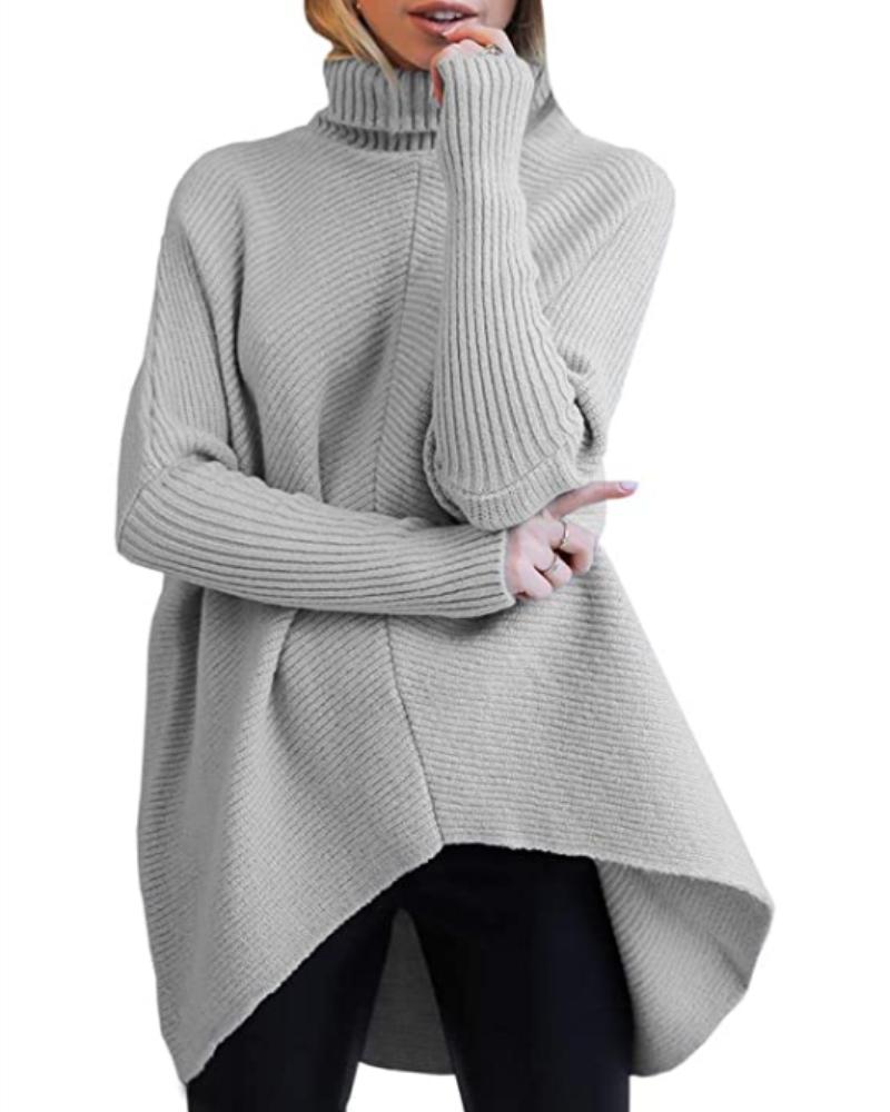 

High Neck Long Sleeve Knit Sweater, Gray