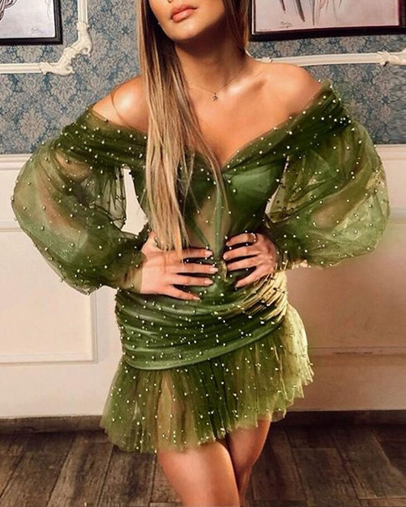 

Off Shoulder Beaded Sheer Mesh Overlay Bodycon Dress, Green