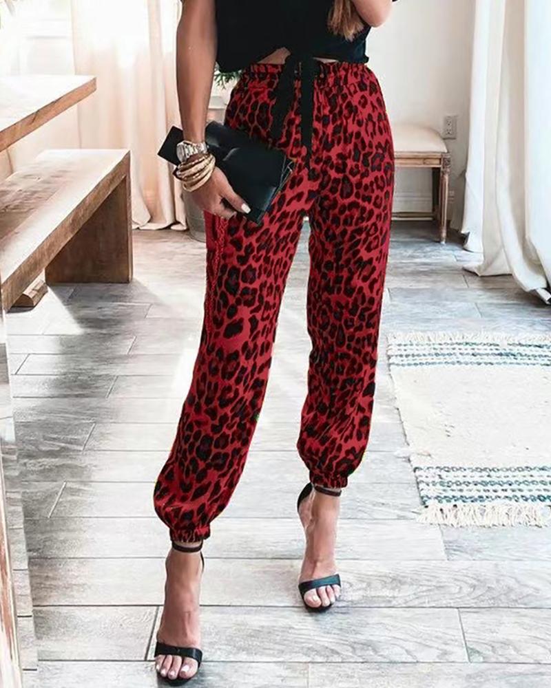 

Drawstring Cheetah Print Pocket Design Pants, Red