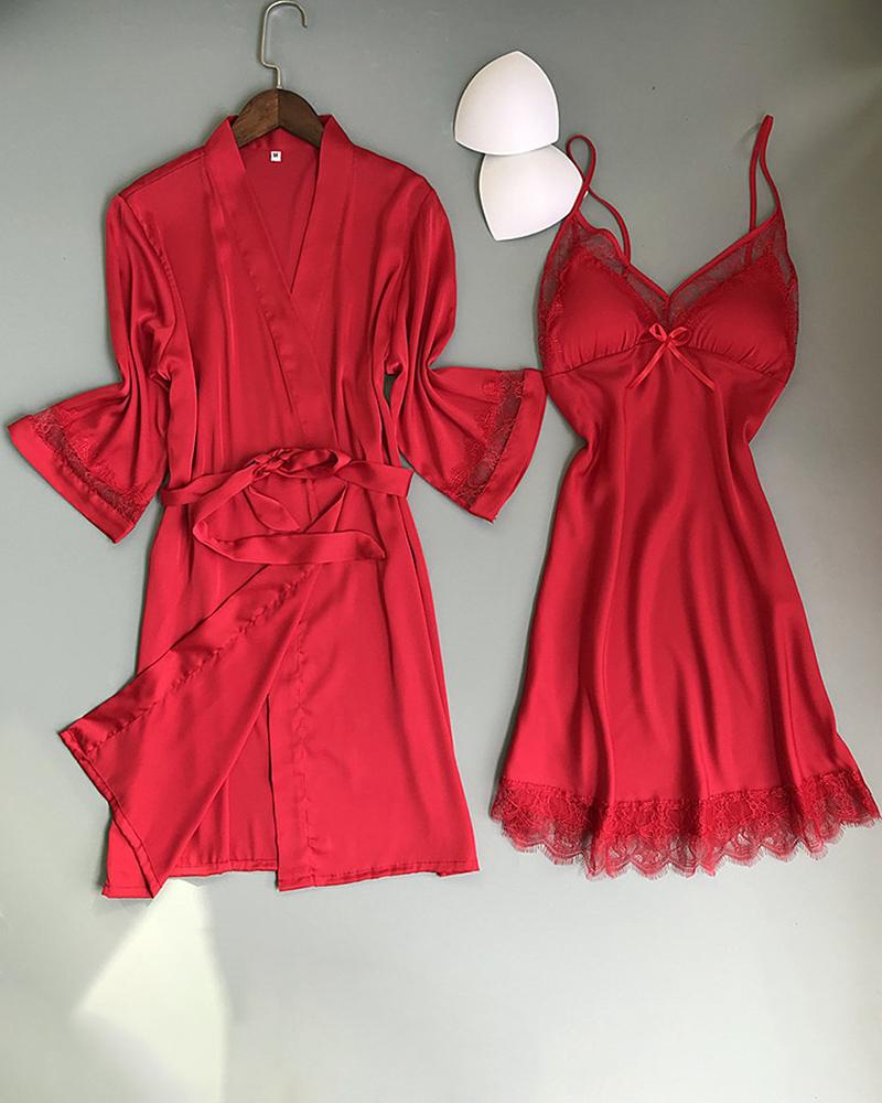 

Contrast Lace Satin Long Sleeve Robe With Babydoll, Red