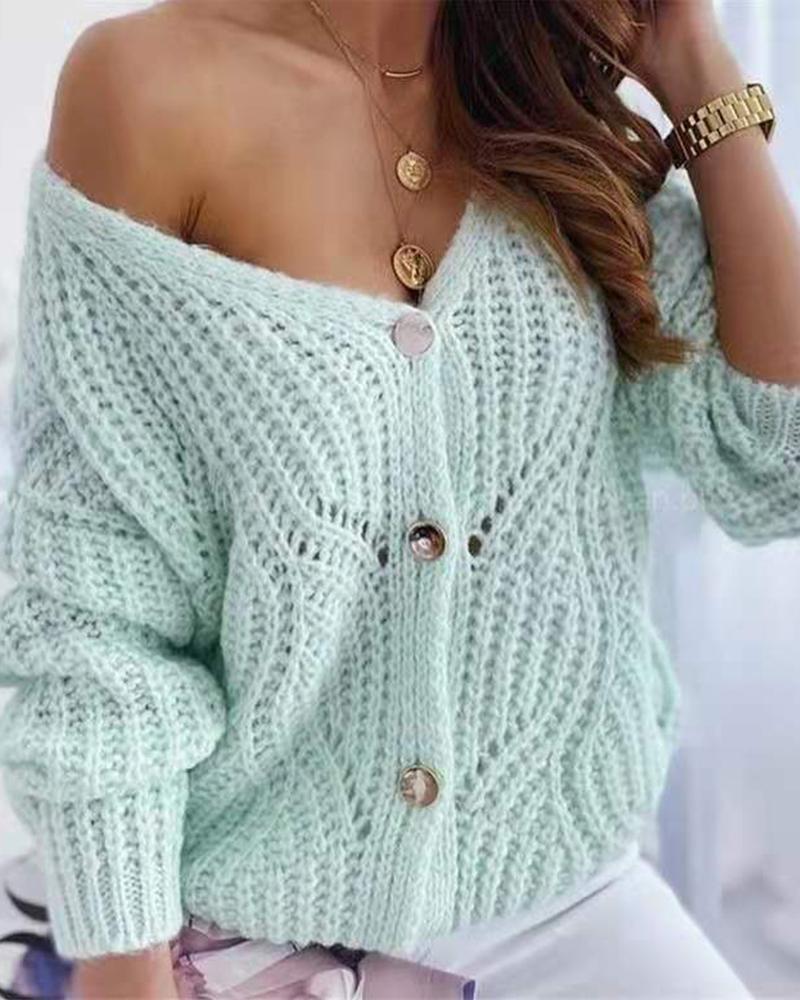 

Long Sleeve Knit Buttoned Hollow Out Cardigan, Green