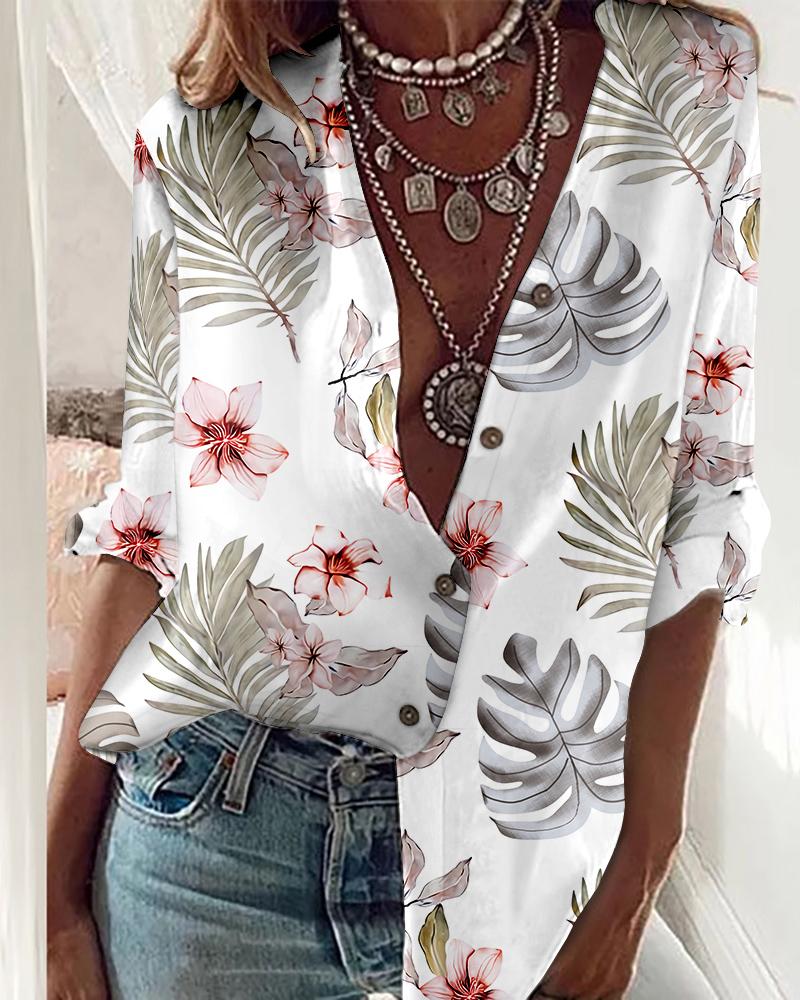 

Tropical Print Button Front Shirt, White