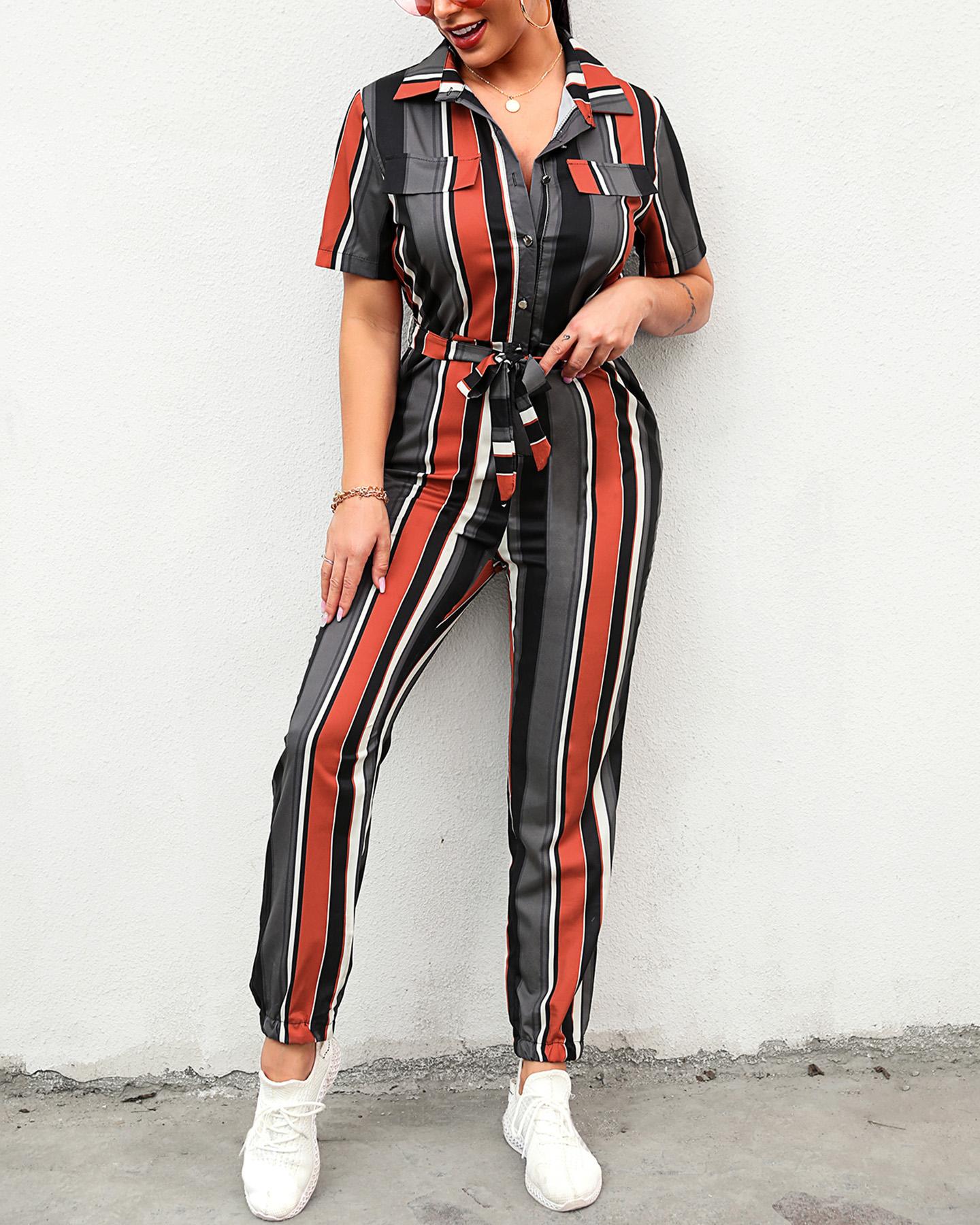

Striped Short Sleeve Buttoned Jumpsuit, Multicolor
