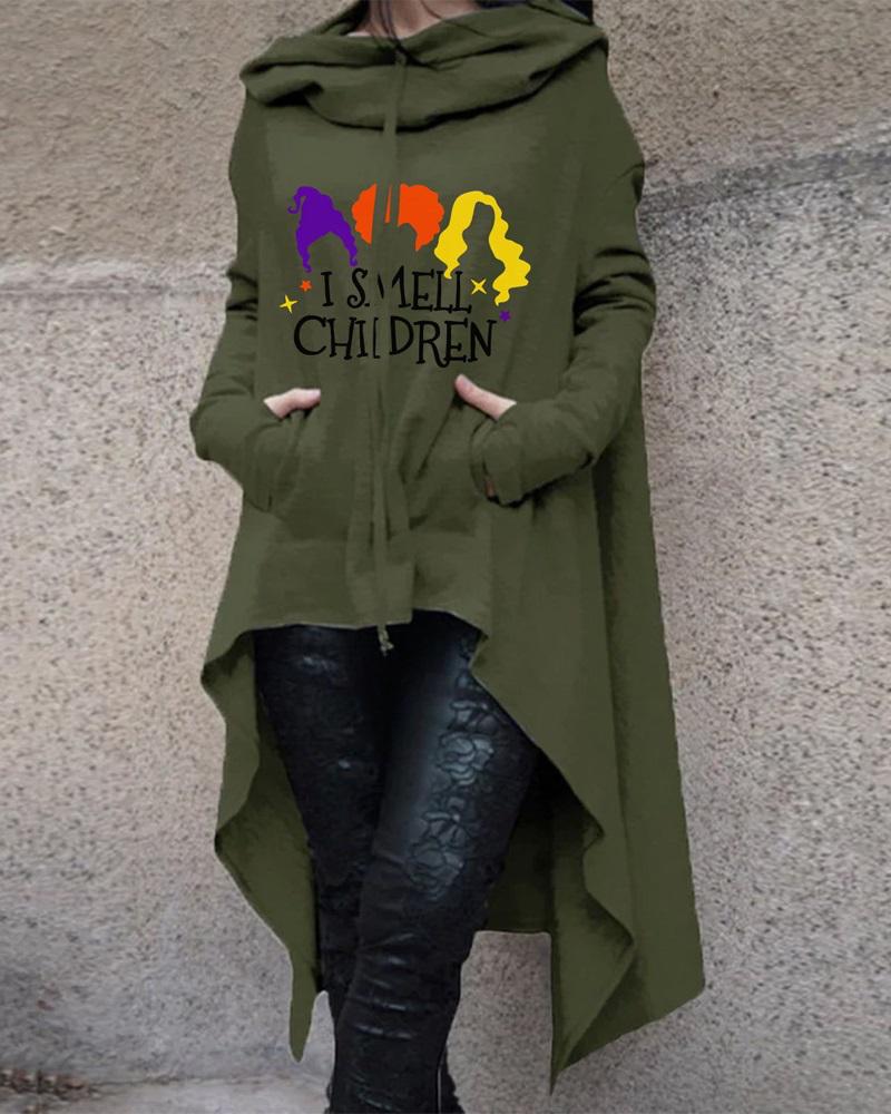 

Halloween Letter Print Dip Hem Hooded Sweatshirt, Green