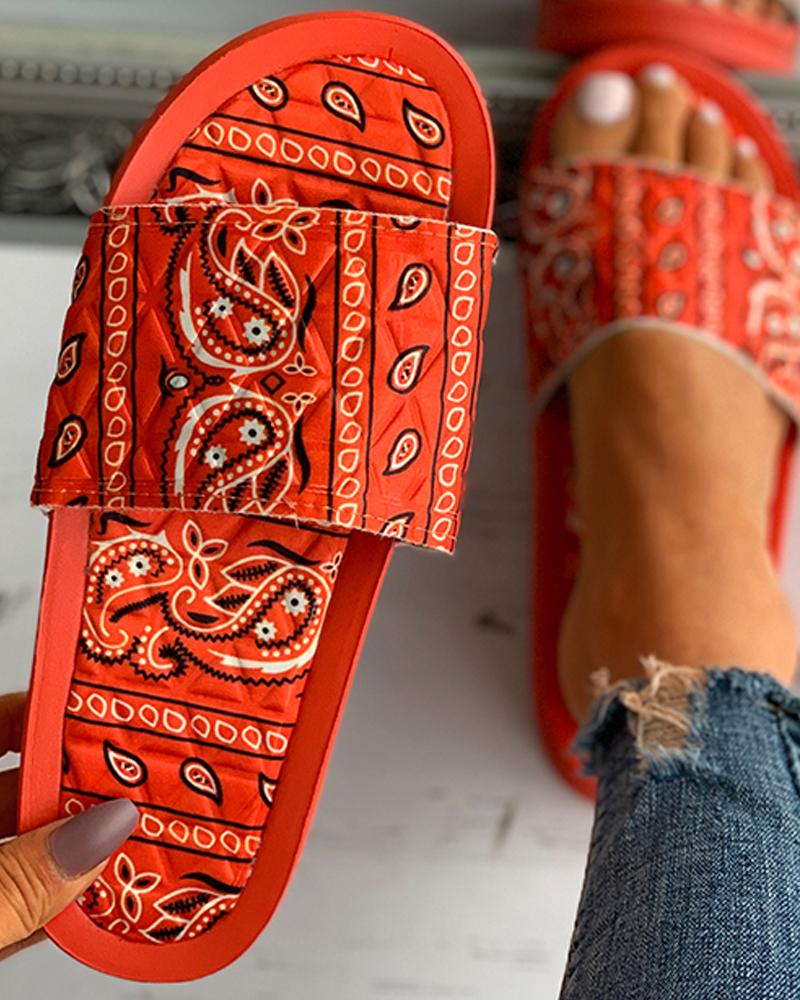 

Paisley Print Open Toe Casual Flat Slippers, Orange