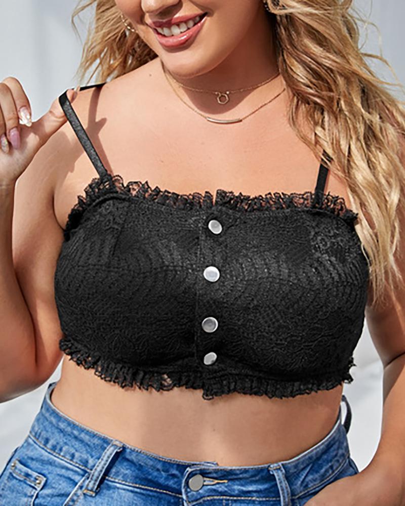 

Plus Size Buttoned Crochet Lace Frill Hem Bra, Black