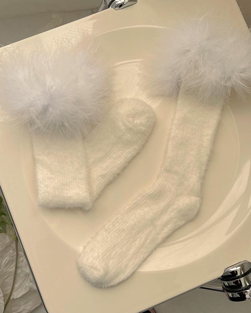 

1Pair Feather Detail Thermal Socks, White