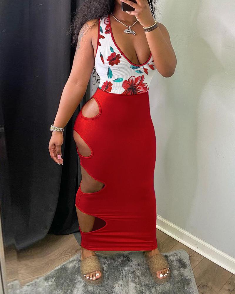 

Floral Print Tank Top & Plain Cutout Maxi Skirt Set, Red