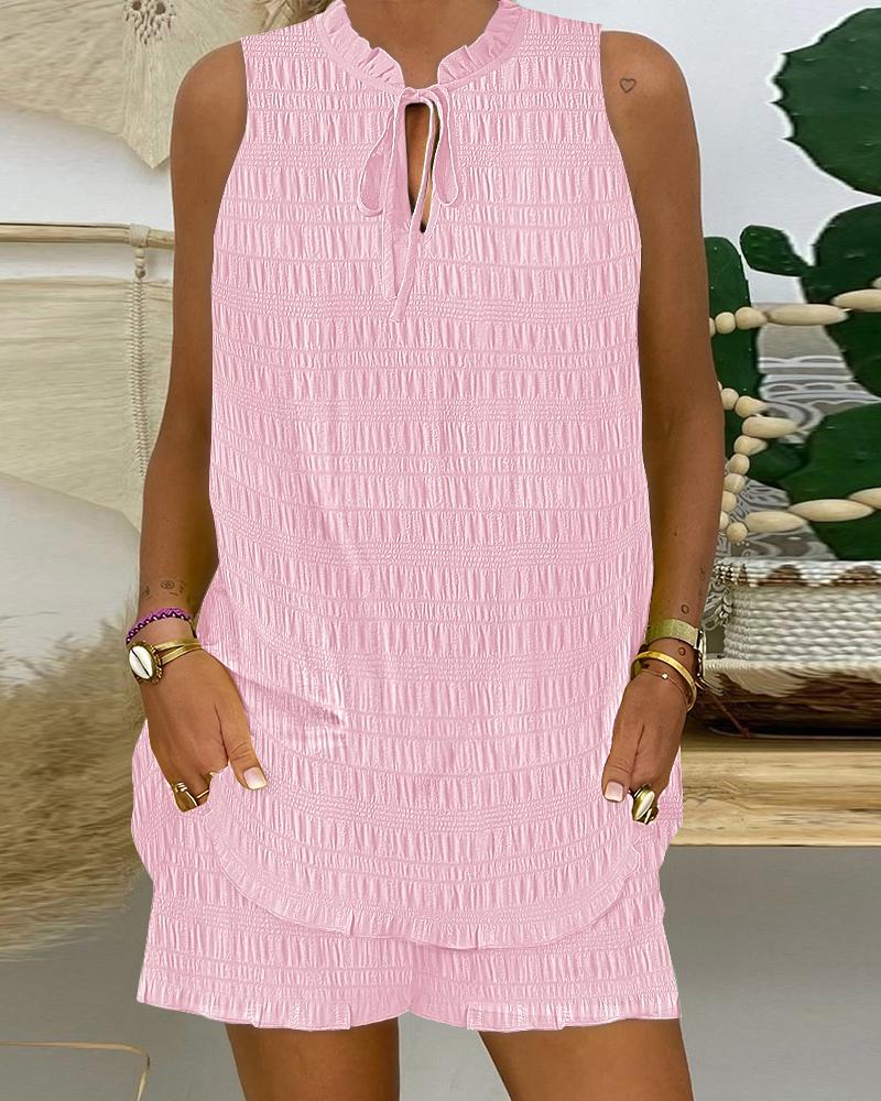 

Frill Hem Textured Top & Shorts Set, Pink