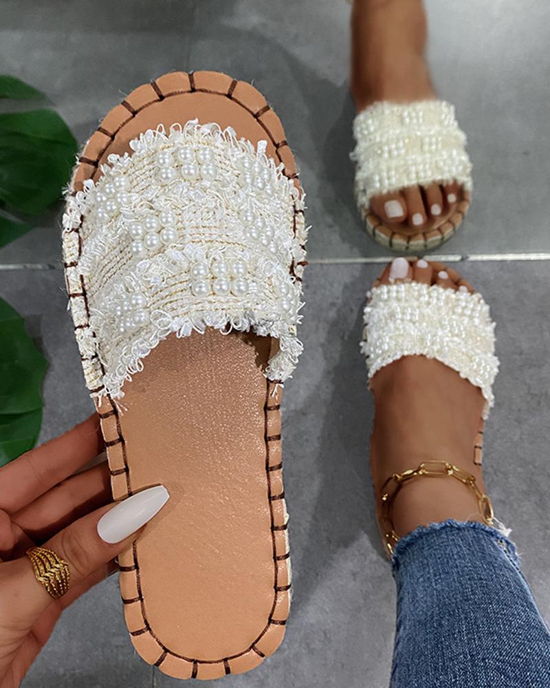 

Woven Upper Cut-out Round-toe Flat Sandals Slippers, White