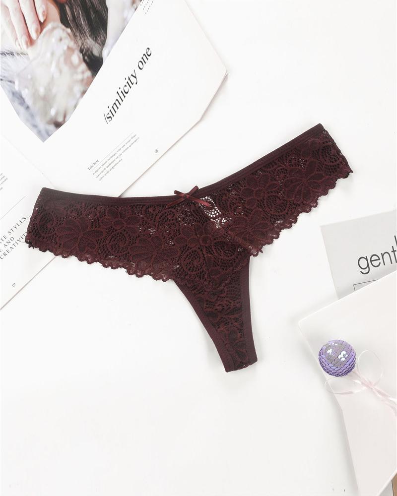 Bowknot Decor Floral Lace Thong Panty